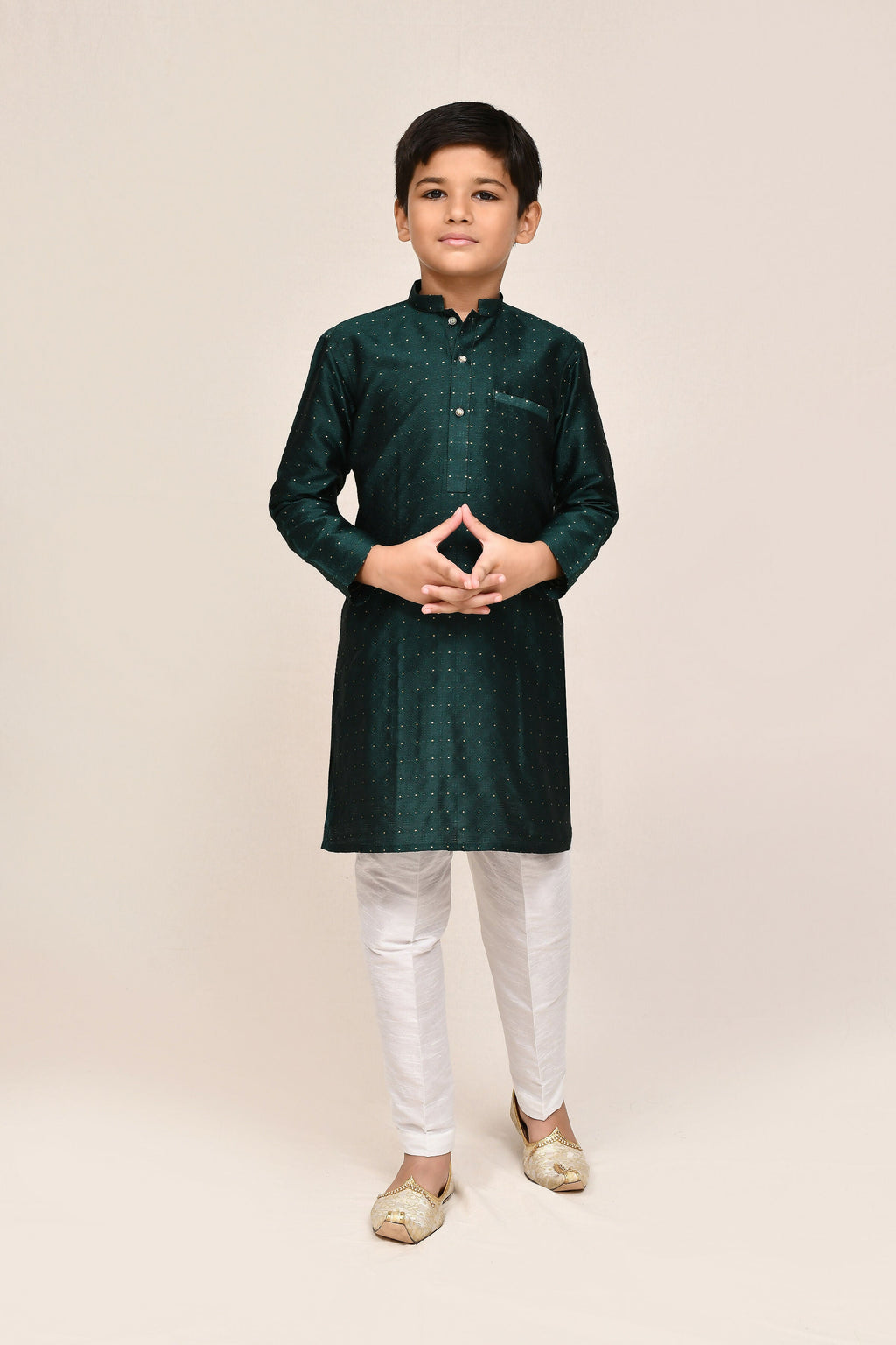 Bottle Green Jacquard Silk Kurta with White Straight Fit Pant