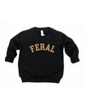 FERAL graphic pullover in black and tan for kids, featuring a sporty minimalist aesthetic.