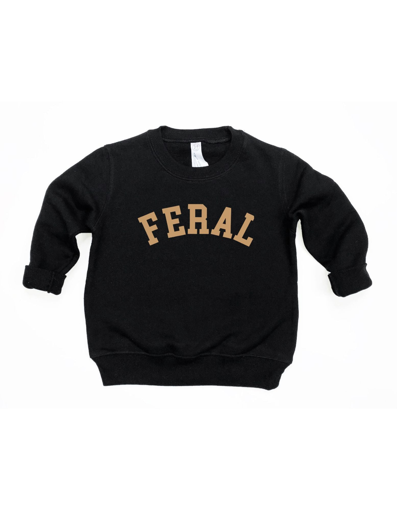 FERAL graphic pullover in black and tan for kids, featuring a sporty minimalist aesthetic.