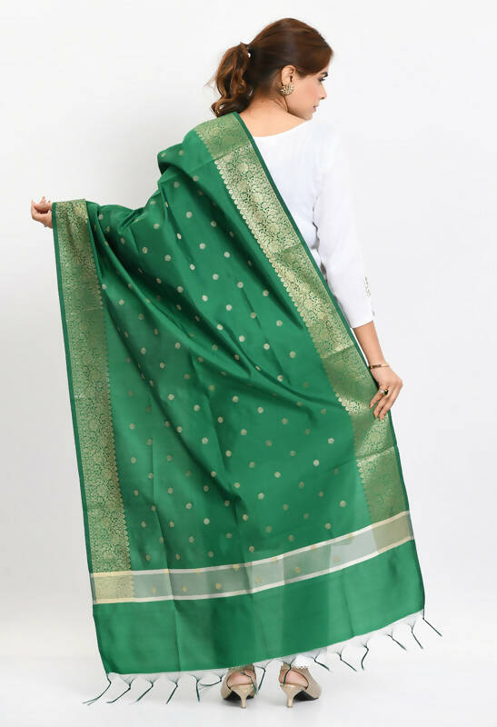 Women's Banarsi Silk Green Dupatta with Metallic Gold Woven Design