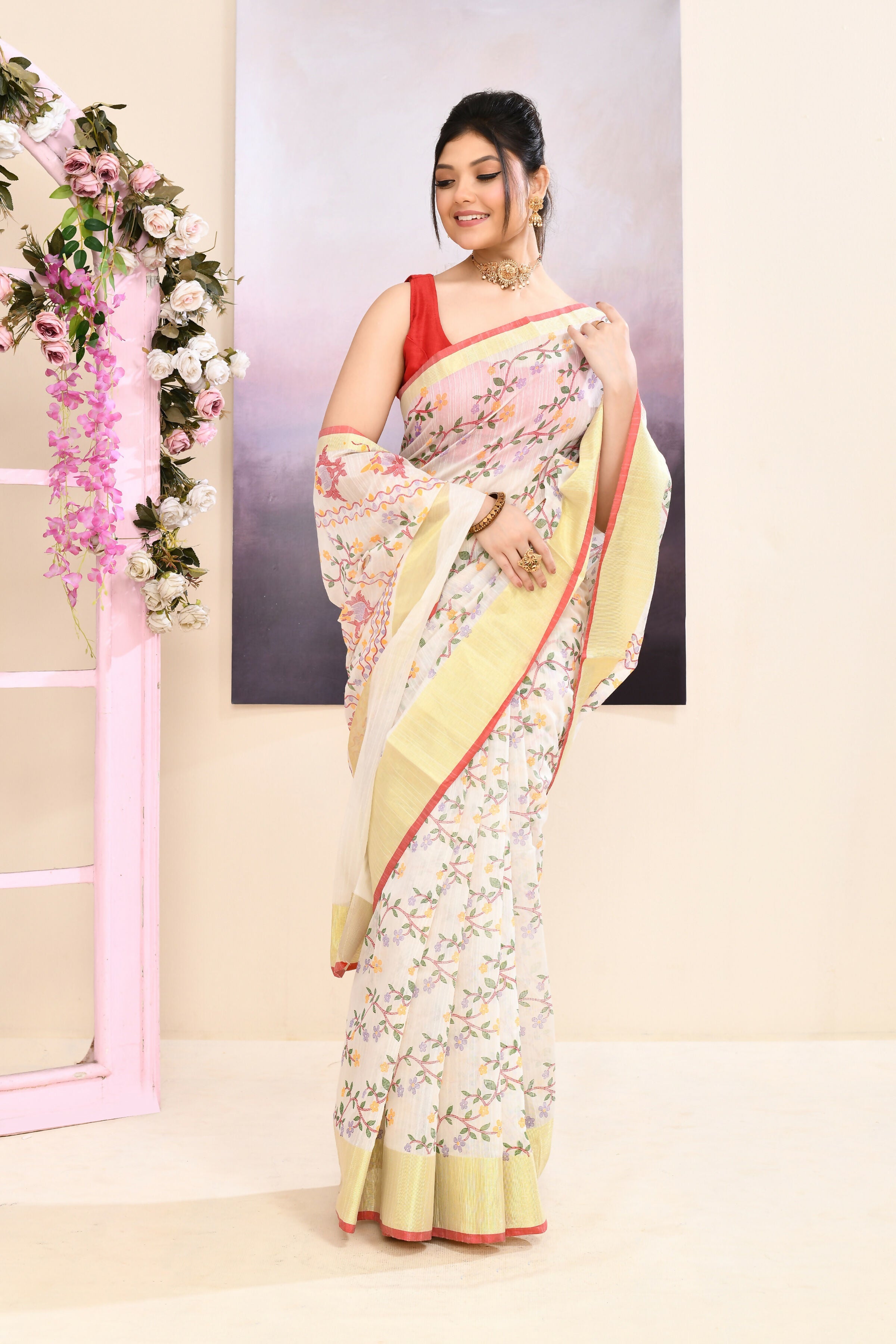 Women's White Printed Cotton Blend Saree with Embellishments