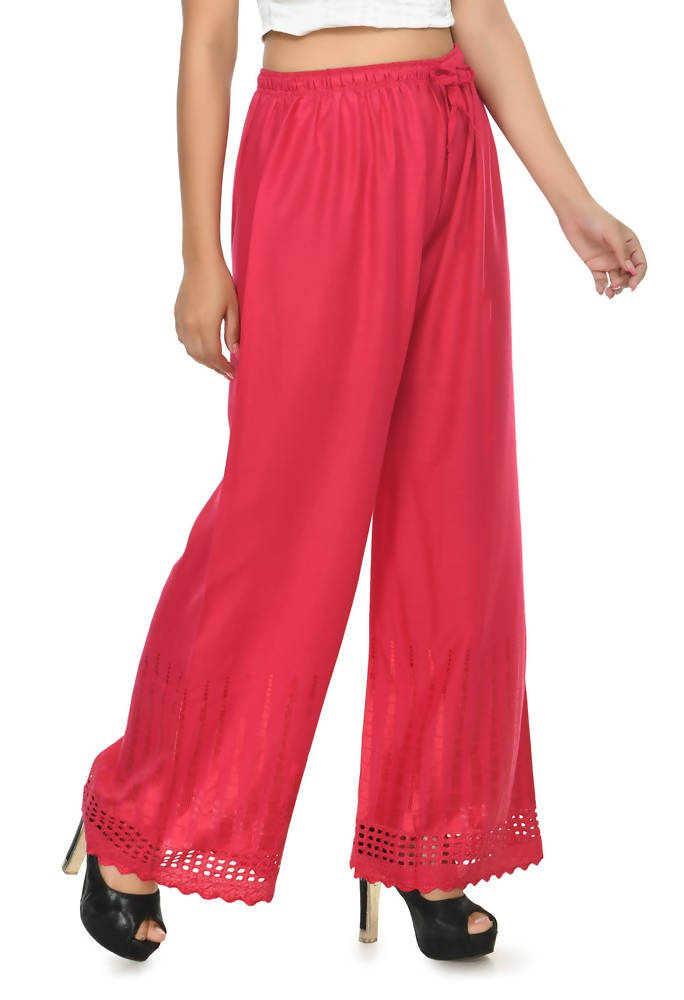 Magenta rayon cotton palazzo pants with intricate cut work border detail
