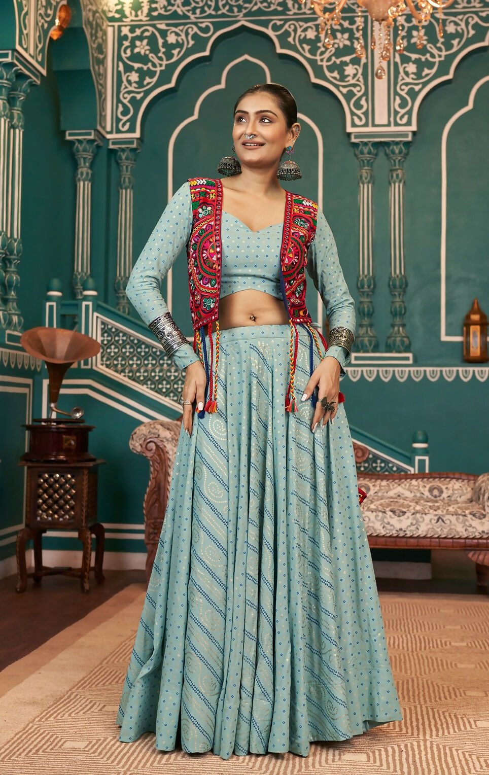 Pista Green Viscose Rayon Navratri Lehenga Choli Set