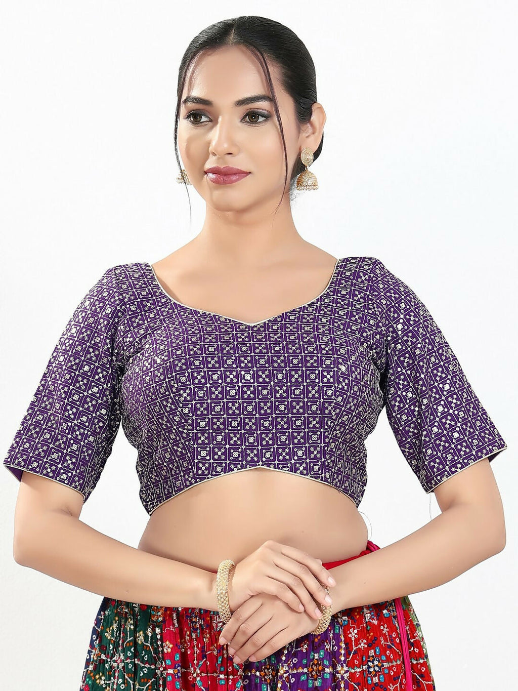 Joban Fashion Brinjal Silk Padded Blouse With Sweetheart Neck Elbow Sleeves
