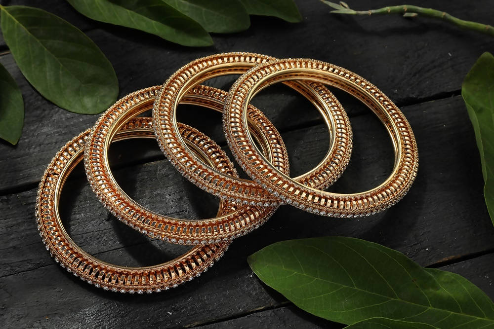 Golden Bangle Set with White Stones and AD Details