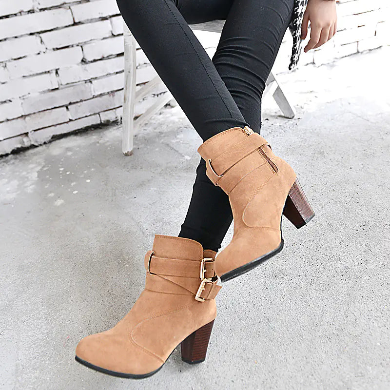 Women's Chunky Heel Ankle Boots with Belt Buckle Detail - Image 21