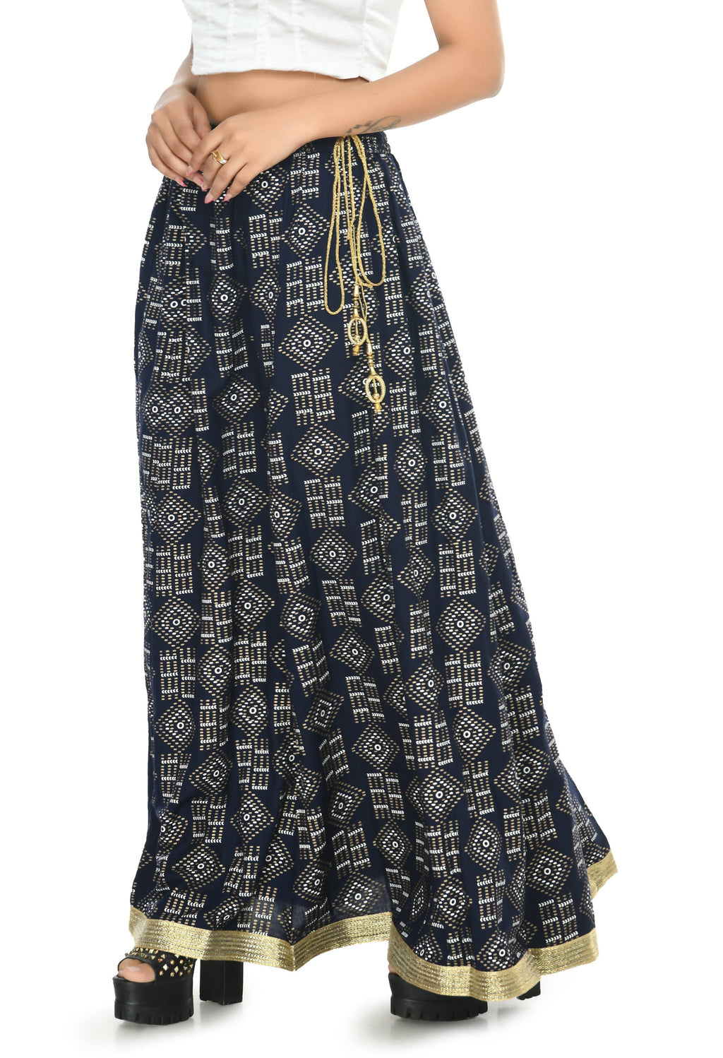 Moeza Navy Blue Printed Cotton Lehenga Lancha with String Closure