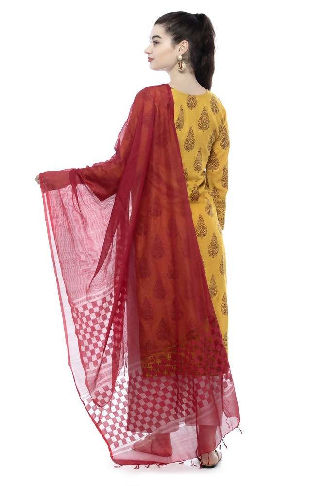 Maroon Kota Cotton dupatta featuring intricate buta work designs