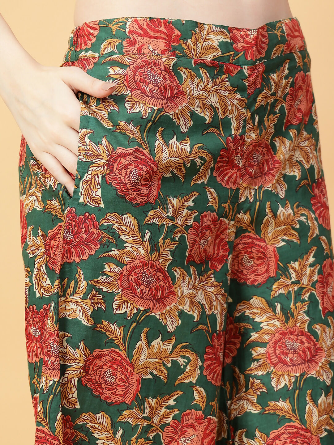 Green Printed Cotton Co-ord Set with Hand Work Detail