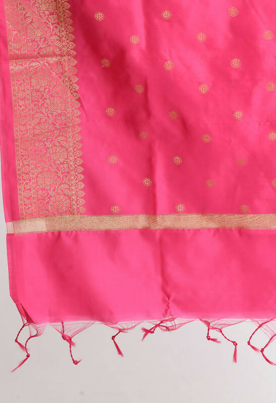 Women's Pink Banarsi Silk Woven Dupatta with Gold Accents