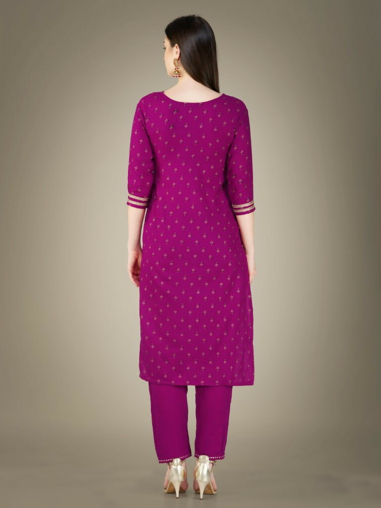 Women's Purple Cotton Magic Slub Straight Kurta Set with Dupatta