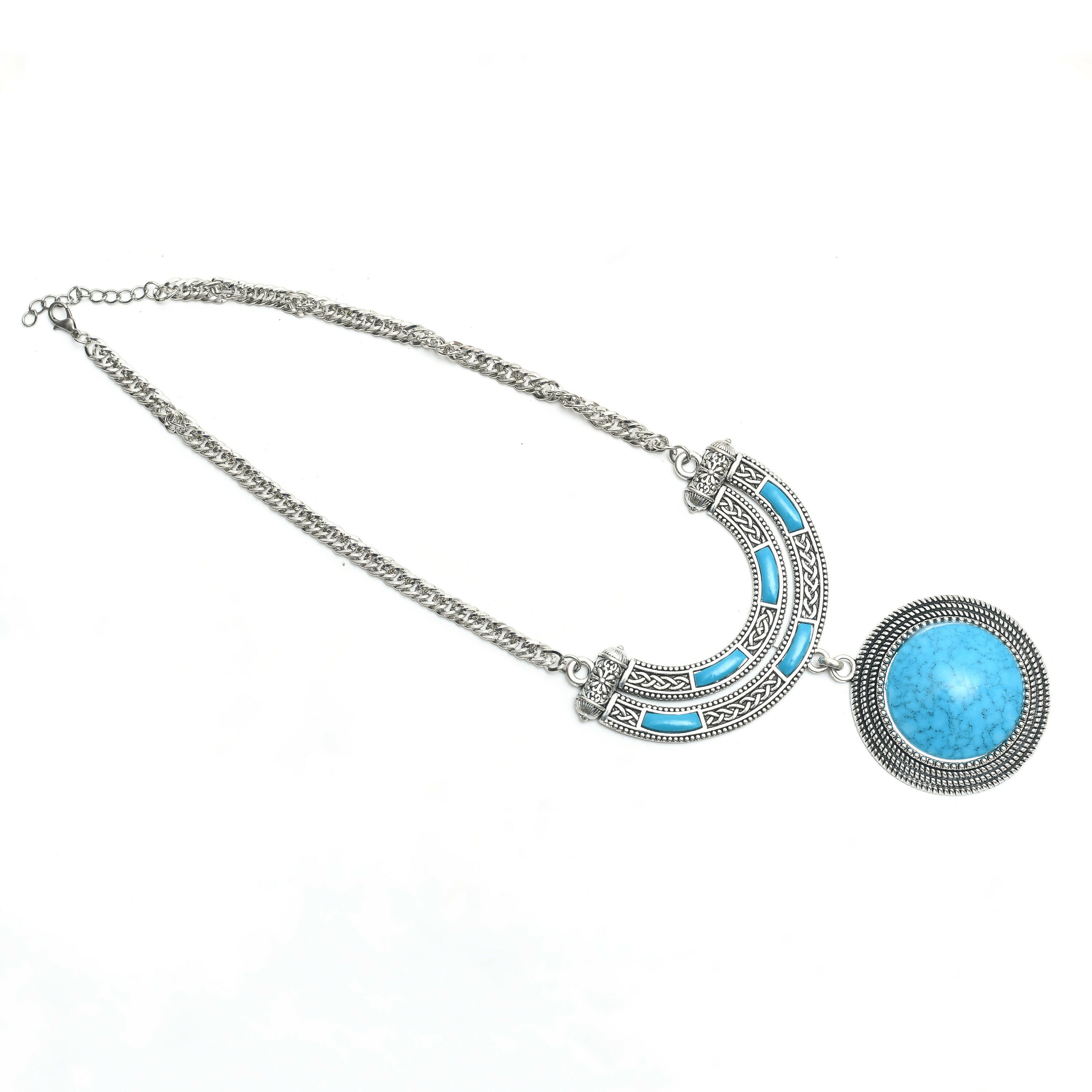 Oxidised Silver-Plated Sky Blue Stone Work Long Necklace