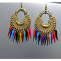 Gold tone brass Chandbali earrings with vibrant multi-color drops