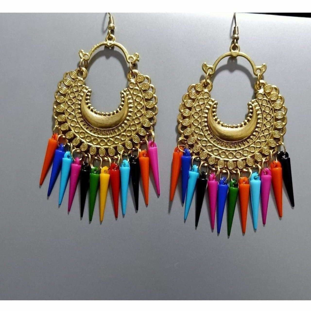 Gold tone brass Chandbali earrings with vibrant multi-color drops