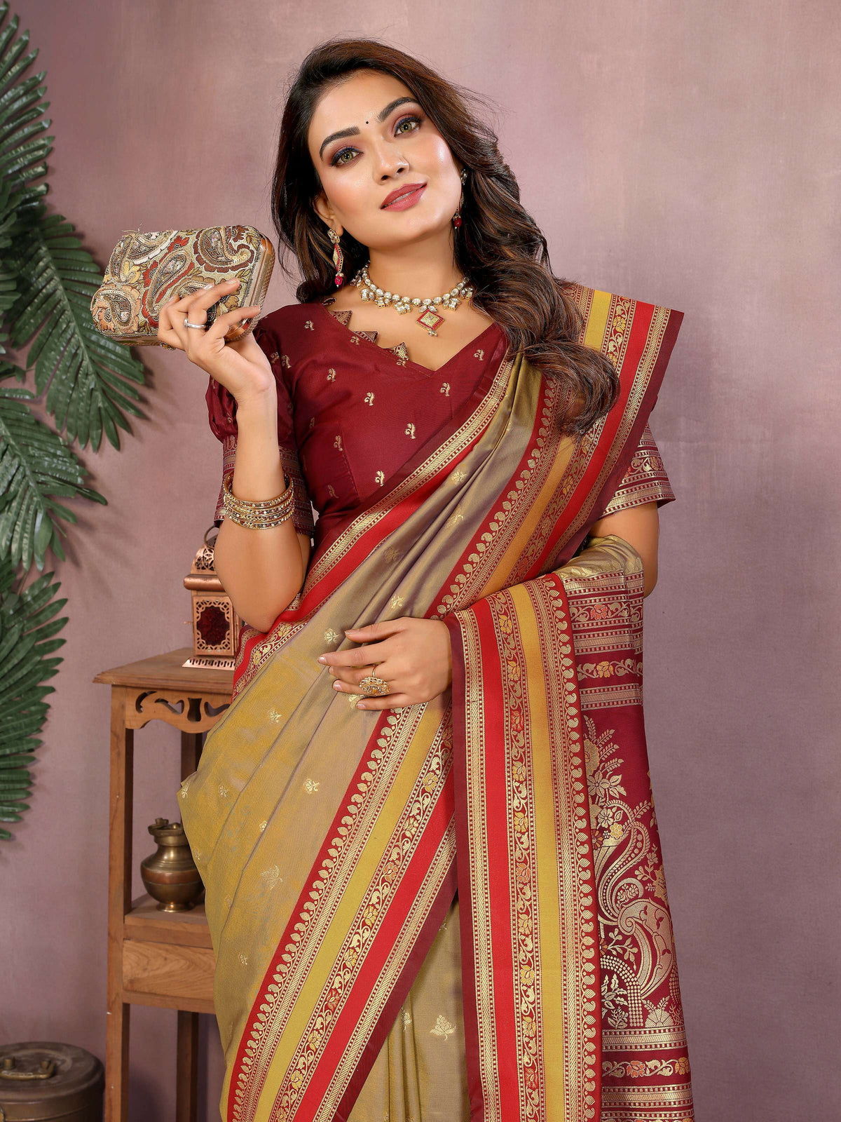 Khaki Kalamkari Silk Weaving Saree with Traditional Ethnic Design