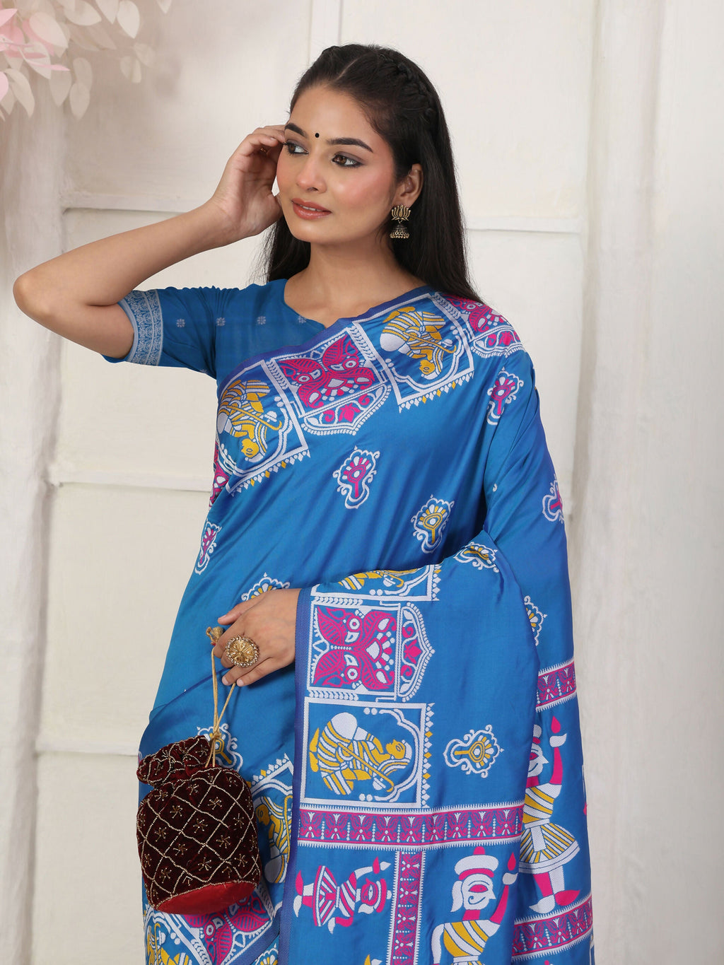 Silk Blend Blue Saree with Matching Blouse Fabric