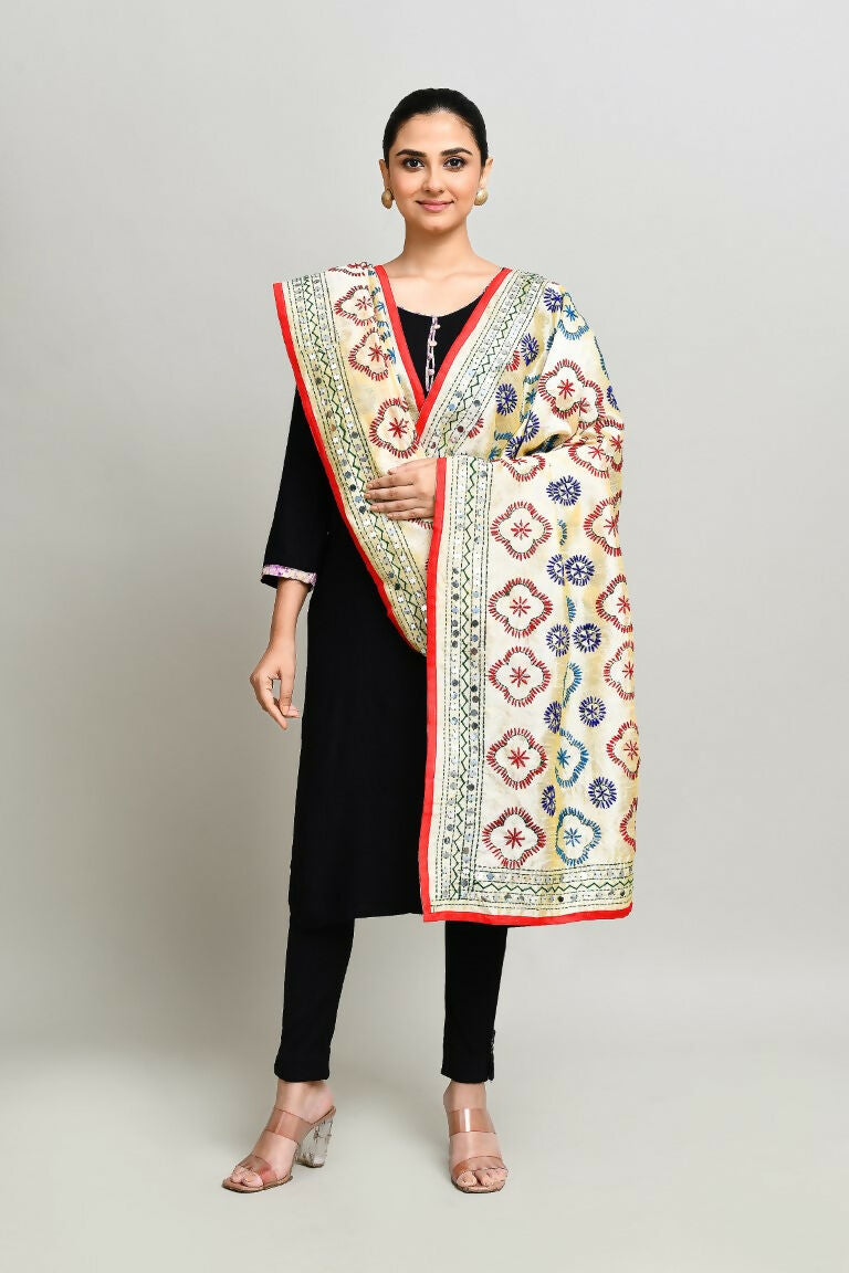 Multi Color Cotton Phulkari Dupatta with Vibrant Embroidery