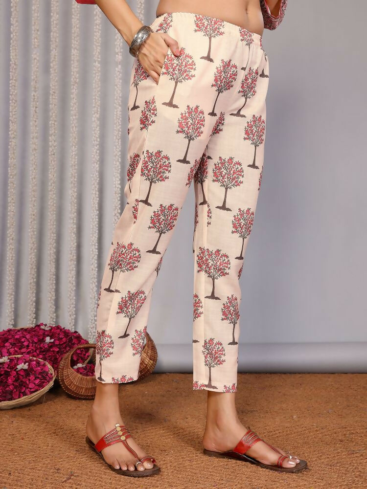 Women Cream Linen Printed Stitched Kurta Set with Notch Neck
