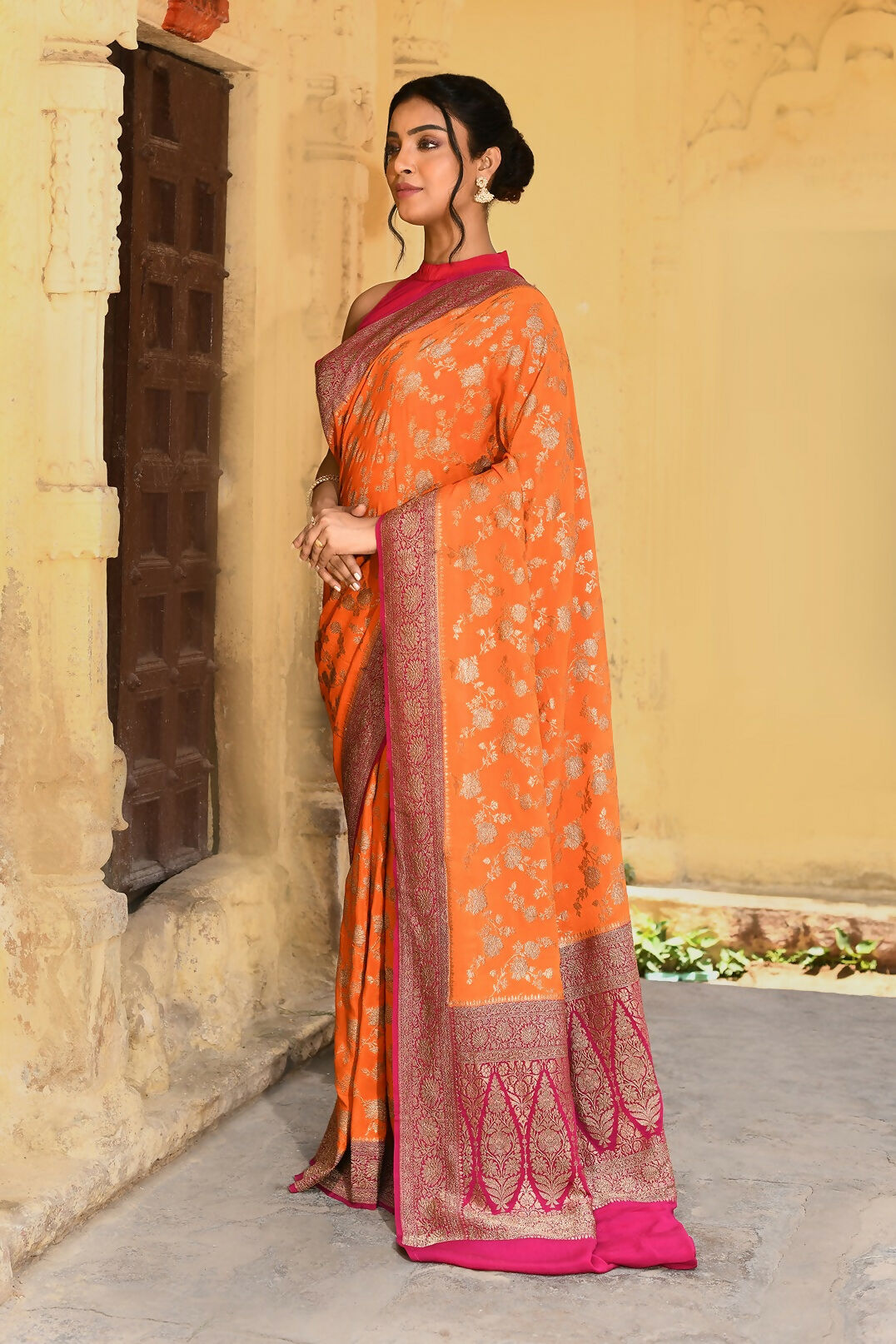 Orange Crepe Chiffon Pure Handloom Banarasi Silk Saree