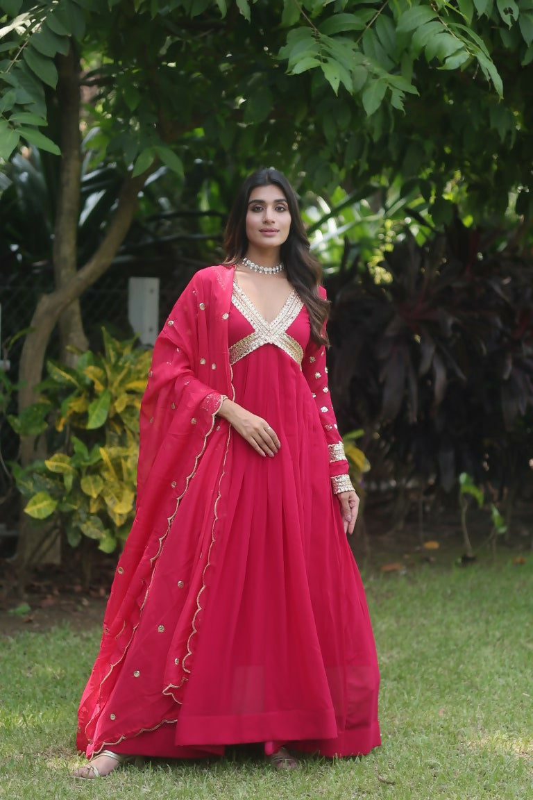 Rani Pink Faux Blooming Anarkali dress with gold sequins and zari embroidery