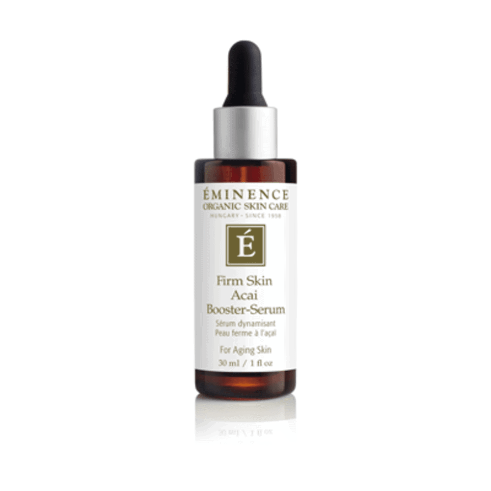 Eminence Firm Skin Acai Booster-Serum in a brown and white bottle, 30 ml.