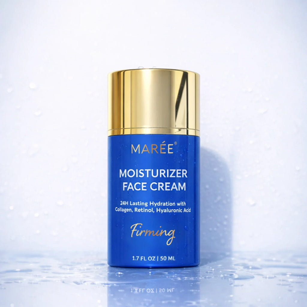 Jar of Maree Firming and Lifting Marine Collagen Moisturizer on white background