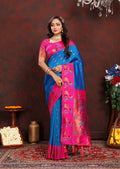 Dista Firozi Soft Paithani silk saree with detailed Meenakari Zari weaving and contrast border