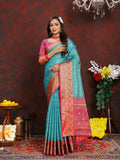 Firozi colored Organza silk saree with detailed Meenakari weaving on the pallu
