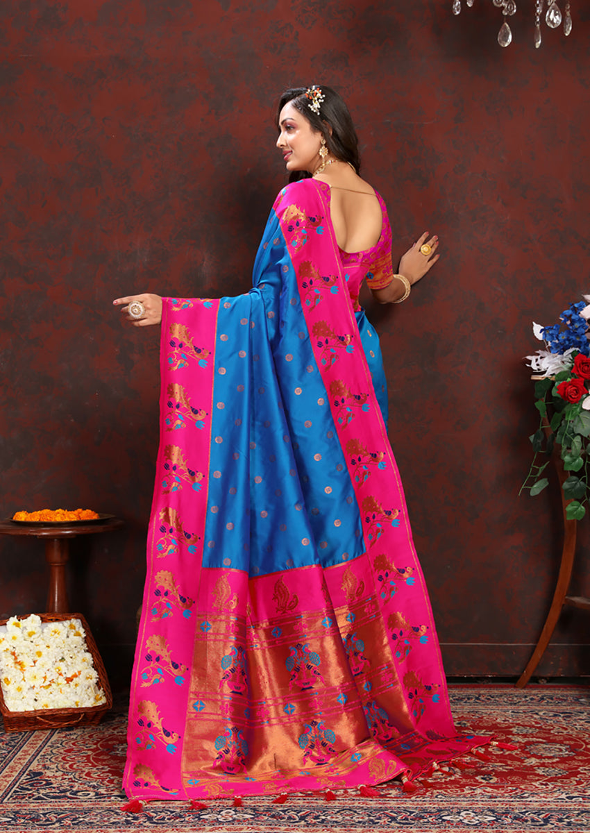 Firozi Soft Paithani Silk Saree with Rich Meenakari Zari Weaving