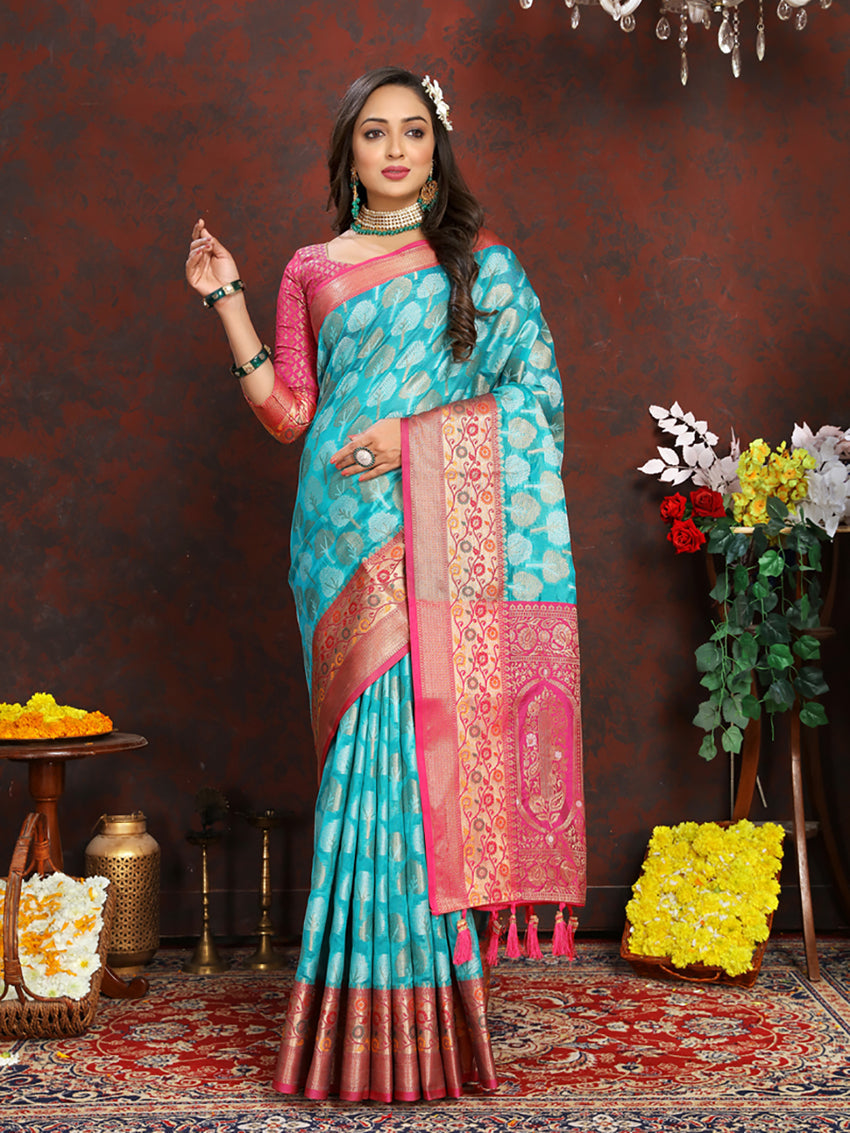 Firozi organza silk saree with pink contrast border and gold Meenakari weaving pallu