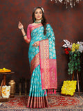 Firozi organza silk saree with pink contrast border and gold Meenakari weaving pallu
