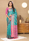Firozi teal Patola silk saree with gold zari Meenakari weaving and magenta accents