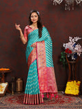 Firozi Organza Silk Saree with intricate Meenakari pallu and silk blouse fabric.