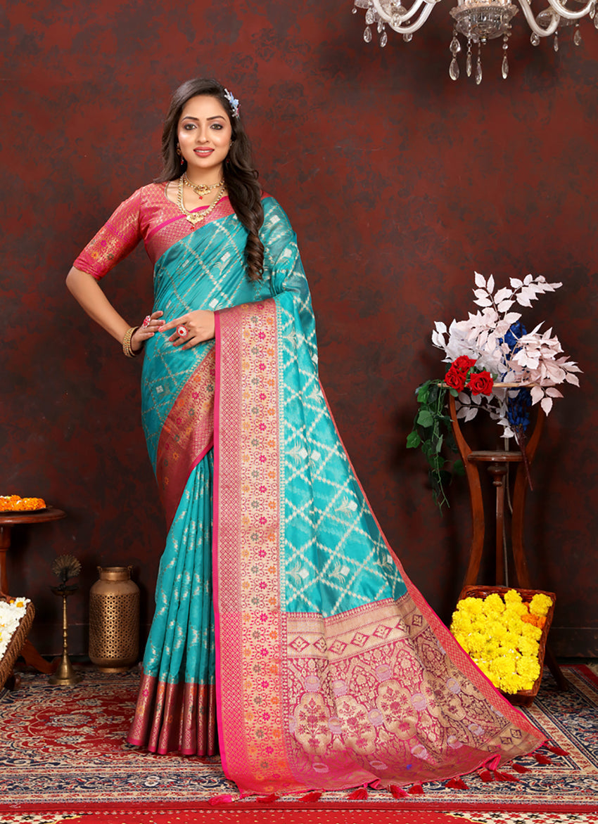 Firozi Organza Silk Saree with Meenakari Weaving and Silk Blouse