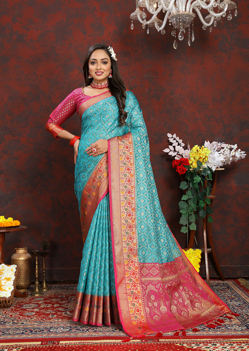 Firozi Organza Silk Saree with Rich Meenakari Woven Pallu