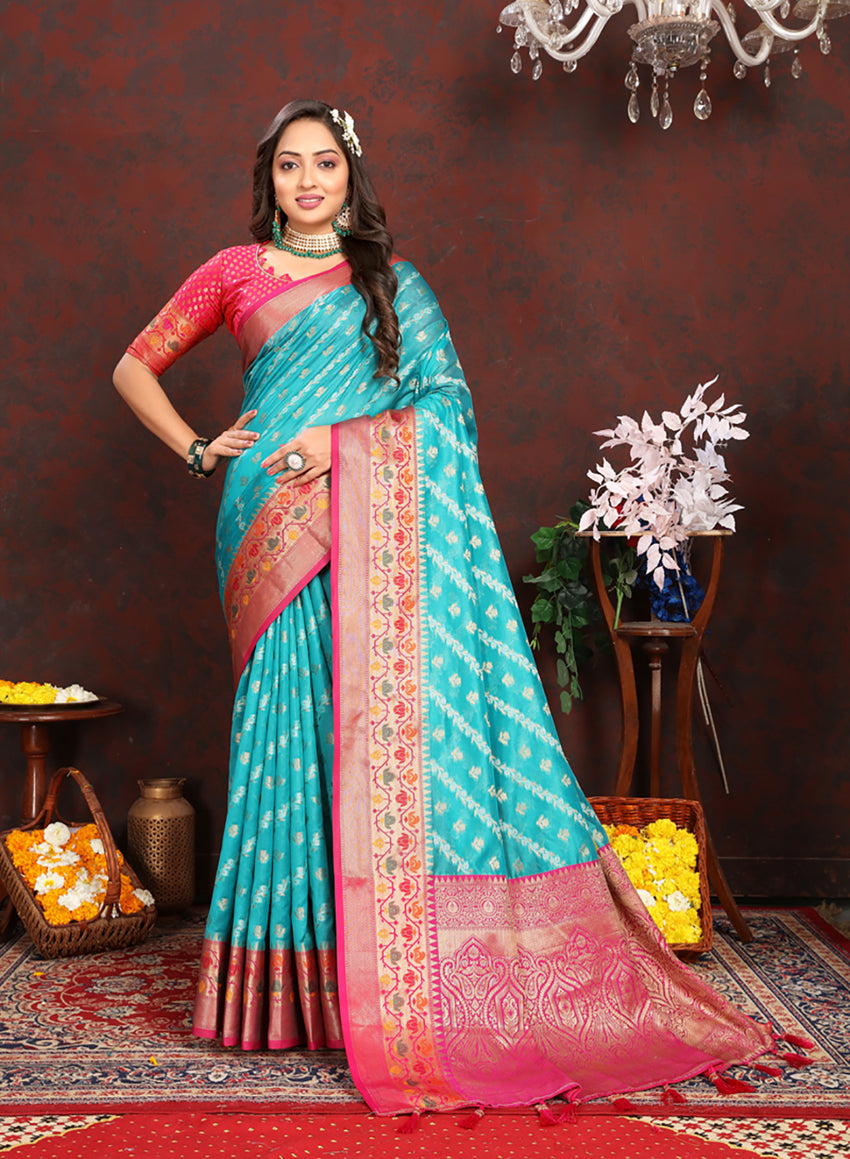 Firozi Organza Silk Saree with Meenakari Woven Design and Pallu