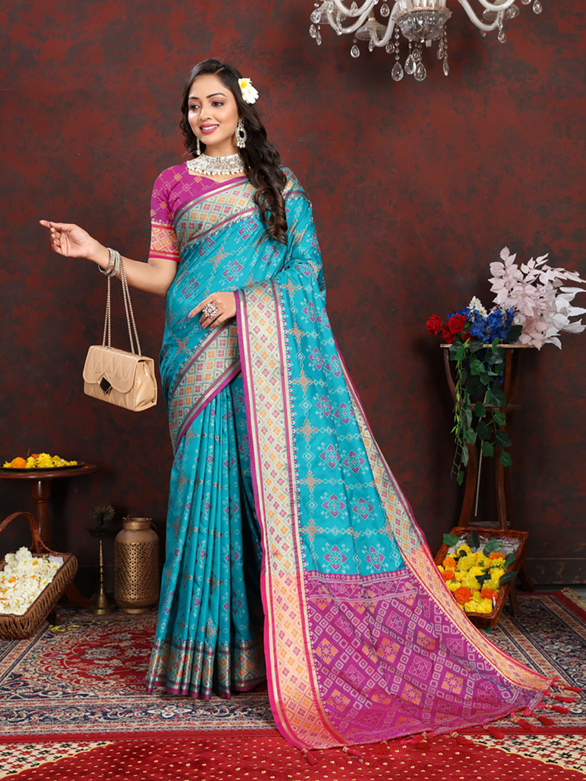 Firozi Patola Silk Saree with Zari Meenakari Weaving Pallu