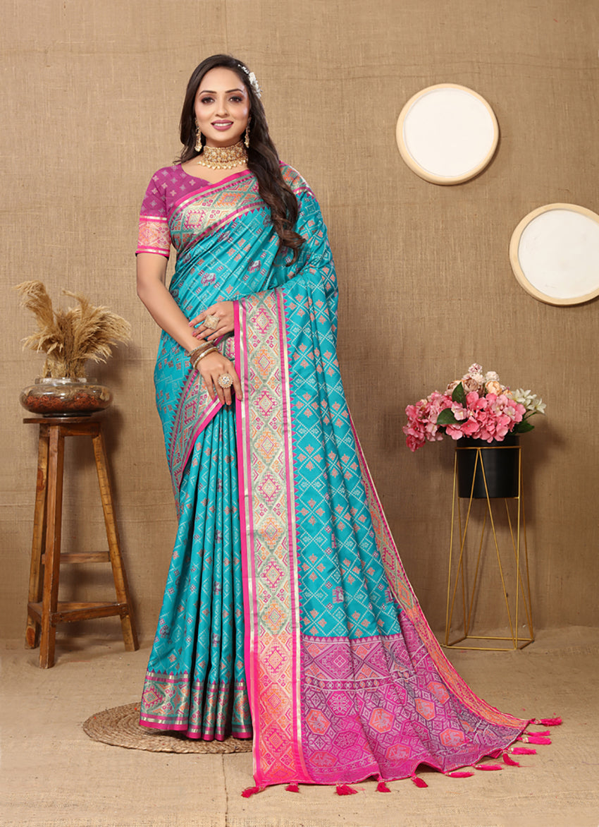 Firozi Patola Silk Saree with Zari Meenakari Woven Pallu