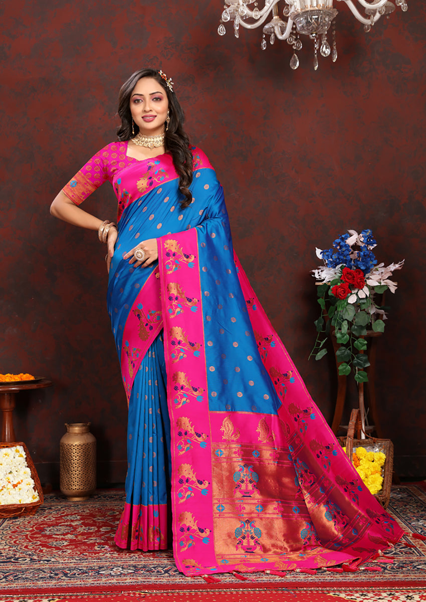 Firozi Soft Paithani Silk Saree with Rich Meenakari Zari Weaving