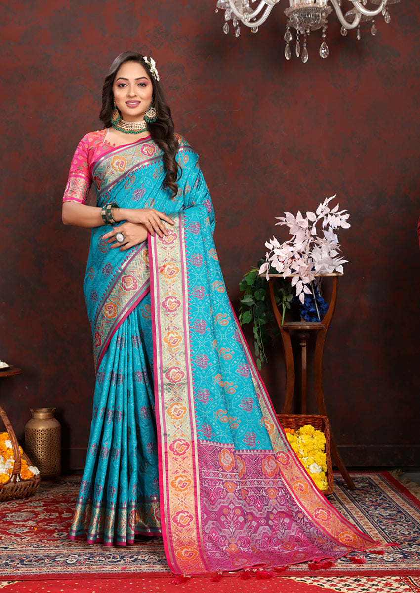 Firozi Patola Silk Saree with Zari Meenakari Weaving Motifs
