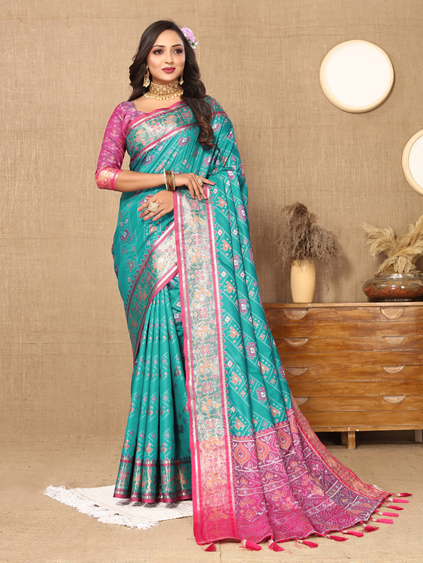 Firozi Patola Silk Saree with Zari Meenakari Weaving and Pallu