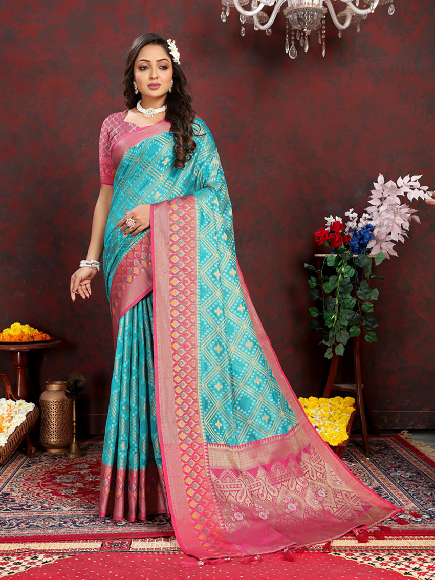 Firozi Organza Silk Saree with Traditional Meenakari Weaving