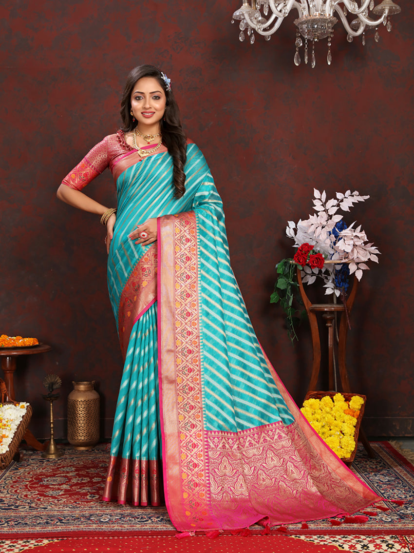 Firozi Organza Silk Saree with Meenakari Weaving and Silk Blouse