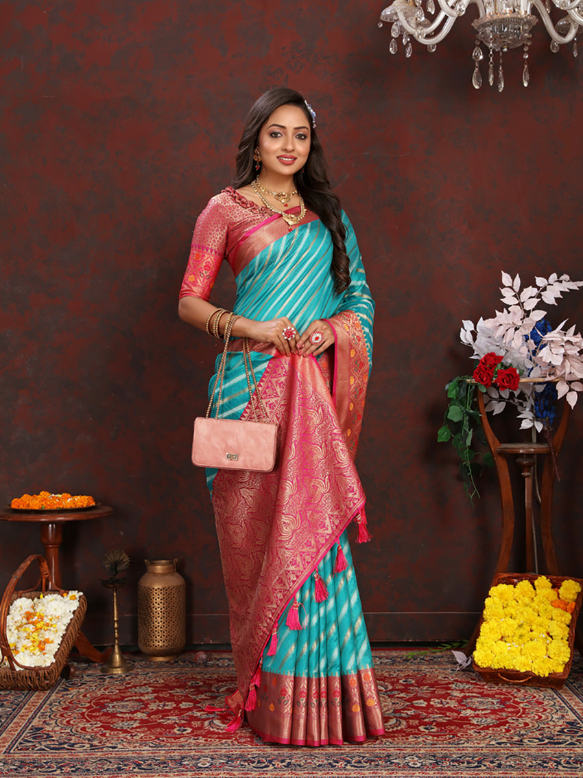 Firozi Organza Silk Saree with Meenakari Weaving and Silk Blouse