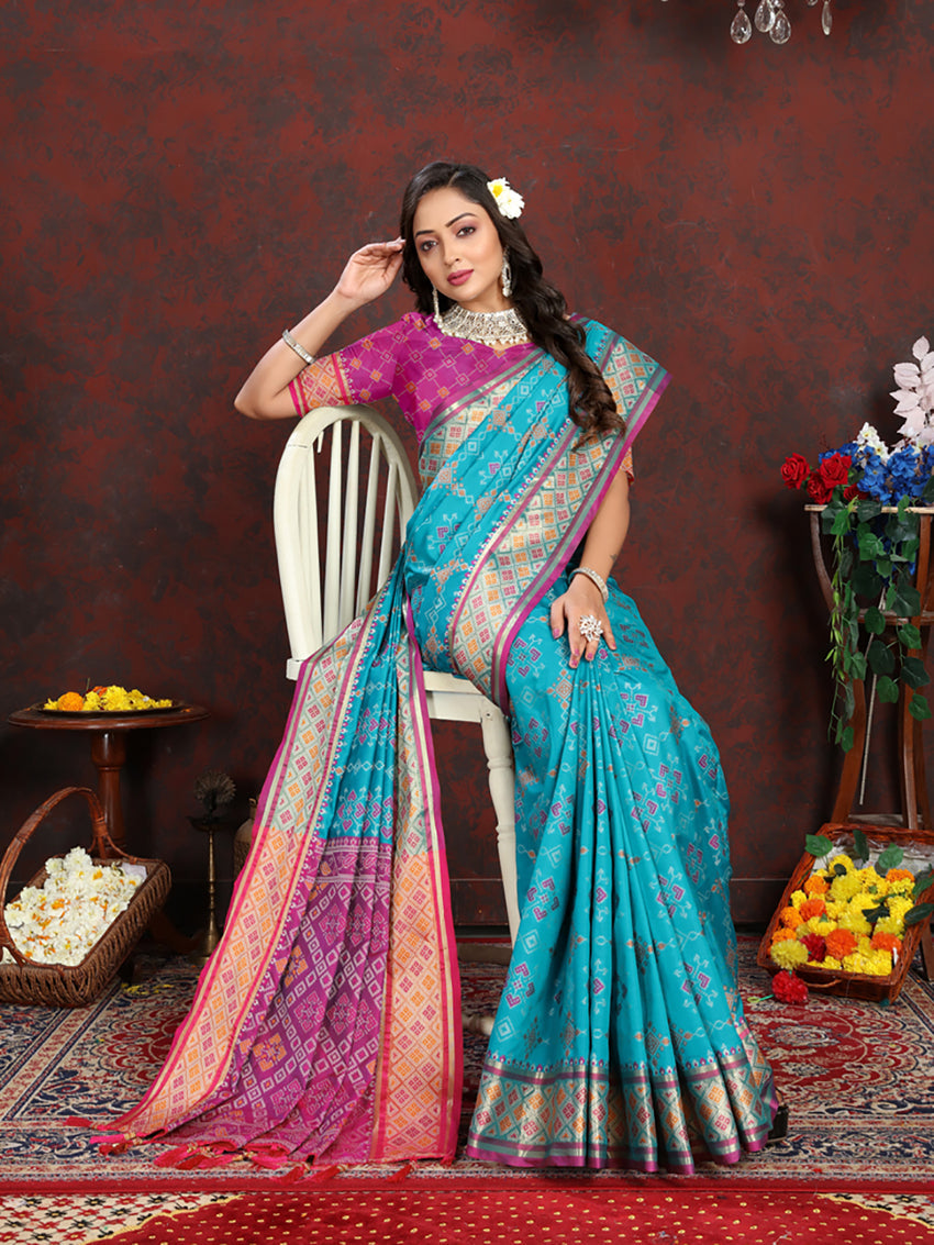 Firozi Patola Silk Saree with Zari Meenakari Weaving Pallu