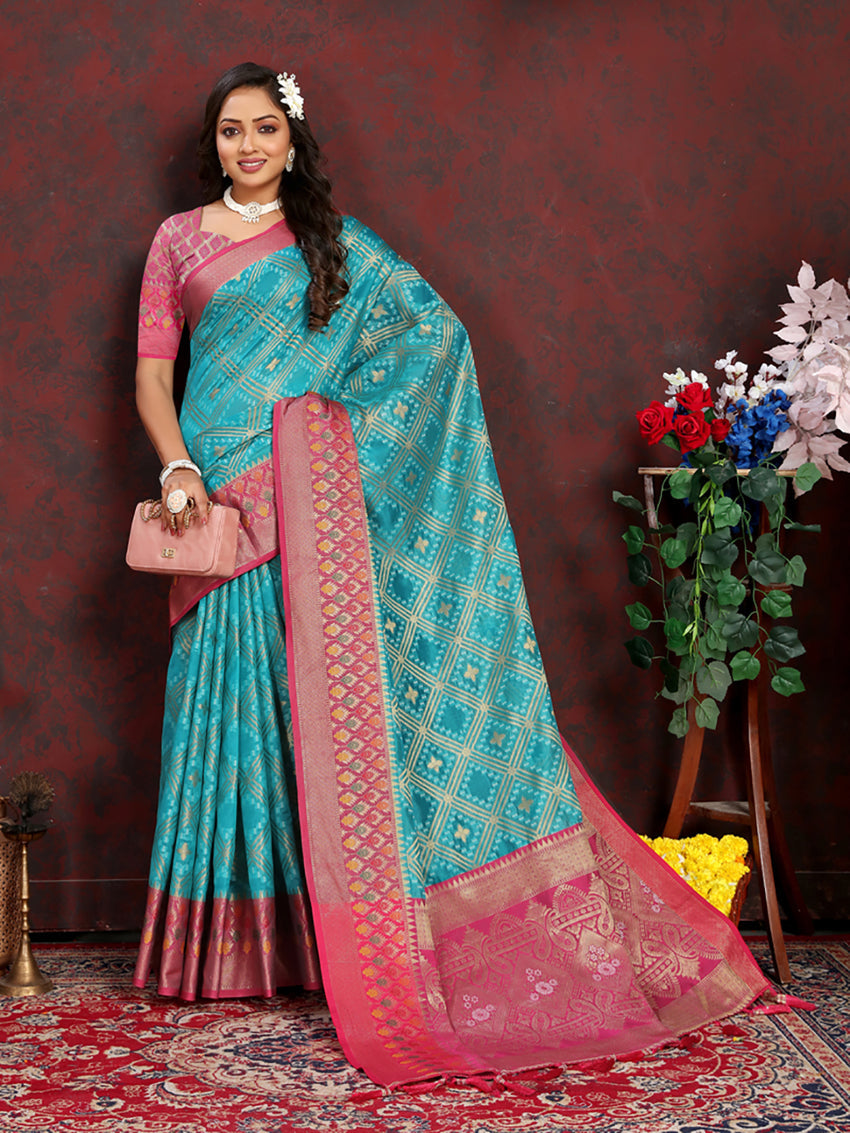 Firozi Organza Silk Saree with Traditional Meenakari Weaving