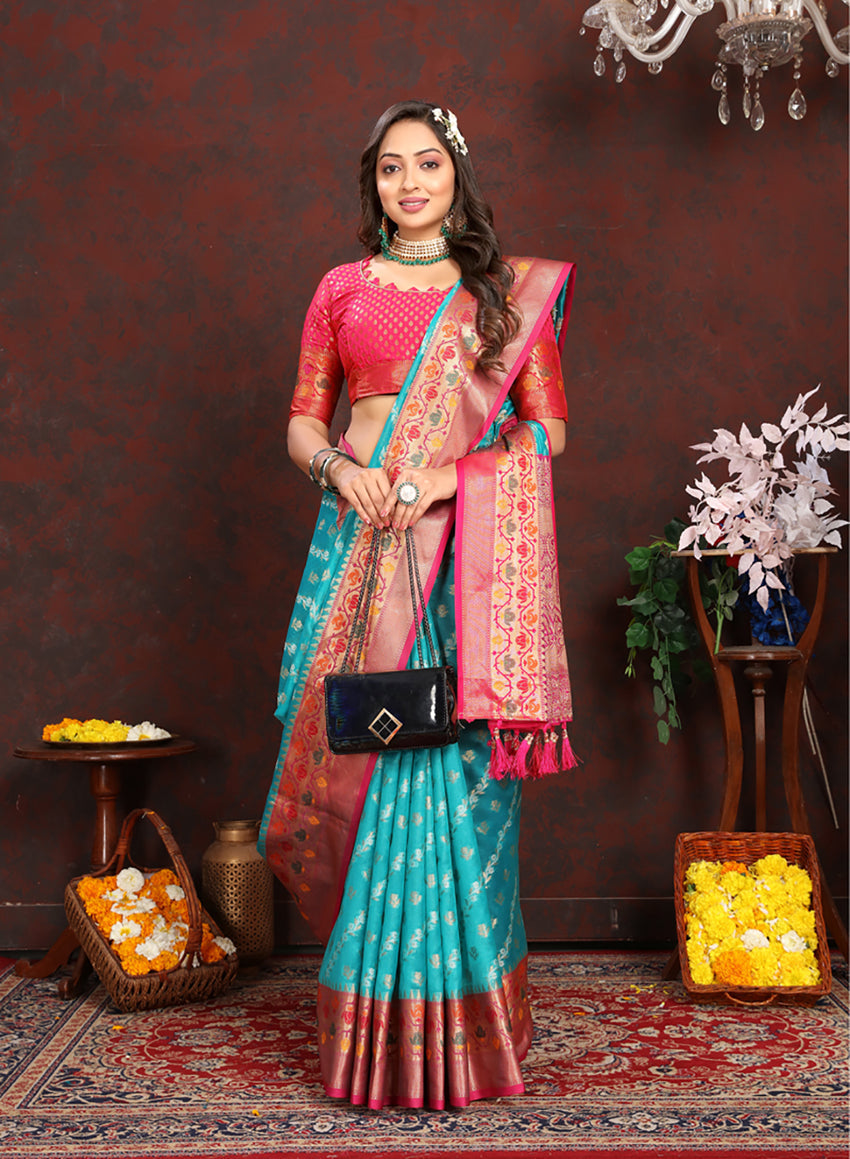 Firozi Organza Silk Saree with Meenakari Woven Design and Pallu
