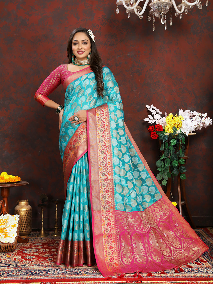 Firozi Organza Silk Saree with Meenakari Weaving and Pink Border