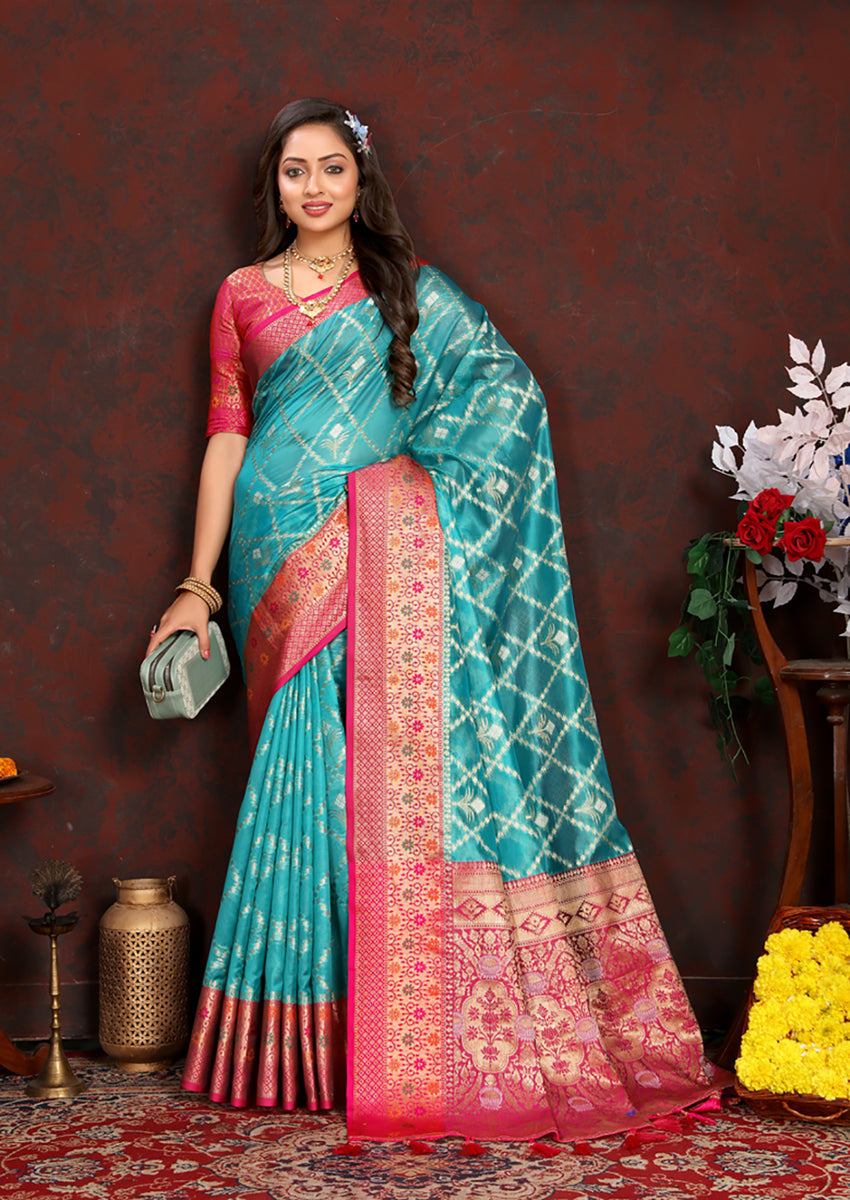 Firozi Organza Silk Saree with Meenakari Weaving and Silk Blouse