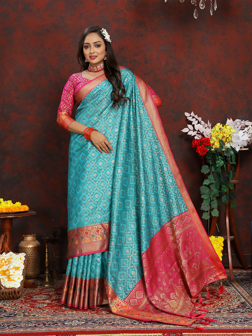 Firozi Organza Silk Saree with Rich Meenakari Woven Pallu